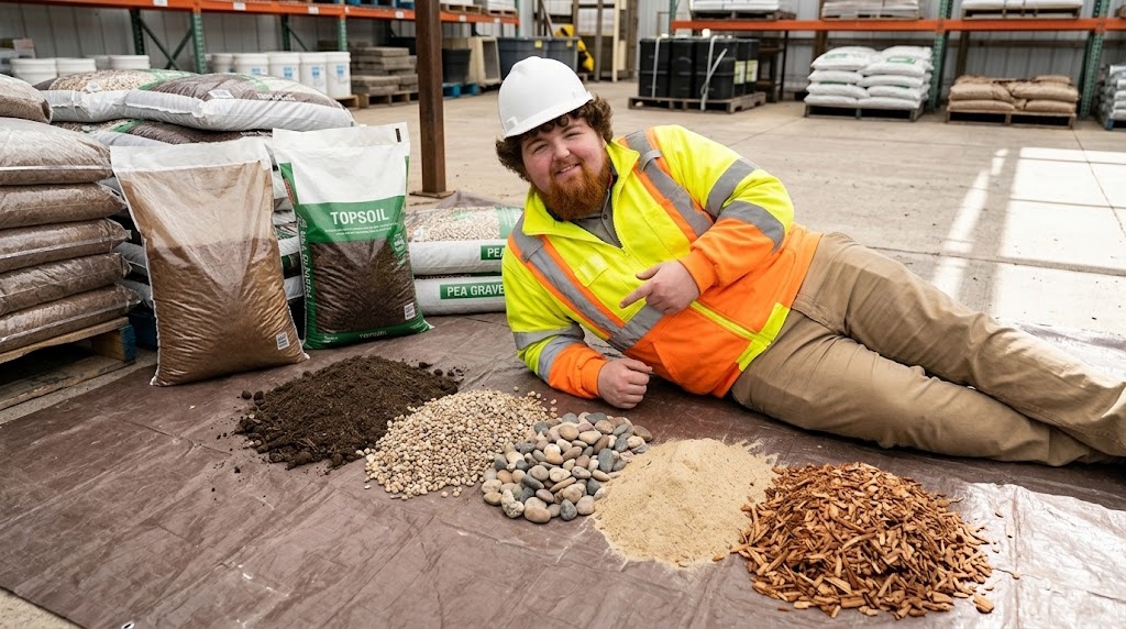 Sand, dirt, gravel, topsoil, and mulch side by side